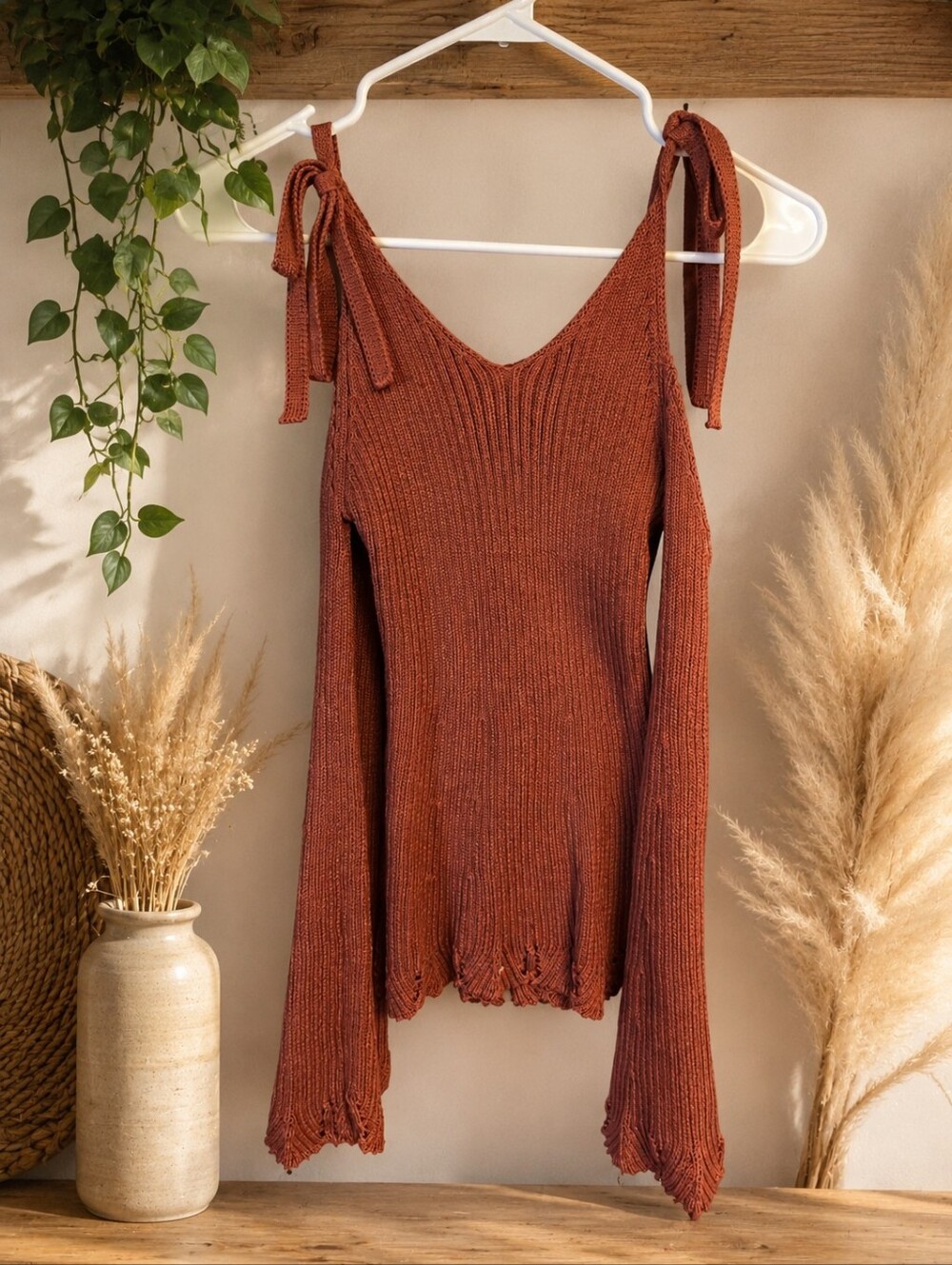 Flying Tomato Rust Tie-Shoulder Ribbed Off-Shoulder Top